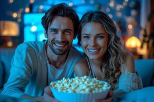 ai generato uomo e donna Guardando tv, seduta su divano nel blu vivente camera, mangiare Popcorn foto