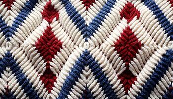 ai generato intrecciata lana tappeto, fatti in casa mestiere, geometrico disegno, colorato tessile decorazione generato di ai foto
