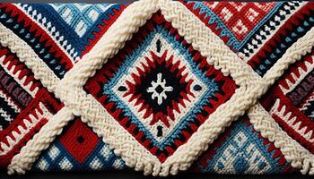 ai generato intrecciata lana arazzo, Turco cultura, indigeno mestiere, geometrico design generato di ai foto