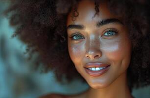 ai generato giovane bellissimo donna con afro capelli bellissimo persona sorridente nel il studio foto