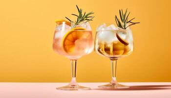 ai generato rinfrescante estate cocktail con agrume frutta, Ghiaccio, e vivace colori generato di ai foto