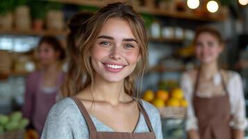 ai generato vita lunghezza ritratto di giovane bellissimo sorridente donna nel negozio. lei Lavorando cassiere foto