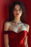 ai generato bellissimo donna vestito nel San Valentino stile attrezzatura foto