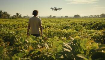 ai generato uno uomo controlli drone, Fotografare azienda agricola crescita nel tramonto generato di ai foto