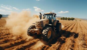 ai generato Lavorando contadino raccolta Grano con agricolo macchinari nel rurale paesaggio generato di ai foto