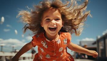 ai generato sorridente bambino gode estate divertimento, spensierato e giocoso nel natura generato di ai foto
