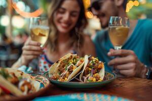ai generato romantico coppia mangiare strada tacos a all'aperto messicano ristorante mercato per pubblicità veloce cibo menù foto