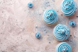 ai generato beige sfondo con blu cupcakes luccichio e copia spazio. suo un' ragazzo fondale con vuoto spazio per testo. bambino doccia, compleanno invito, festa. bambino ragazzo nascita annuncio. Uomini giorno. foto