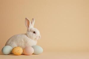 ai generato naturale Pasqua sfondo con uova, coniglietto e copia spazio per testo. morbido, beige colore. Perfetto per primavera temi, Pasqua contenuto, e minimalista design progetti. saluto carta. foto