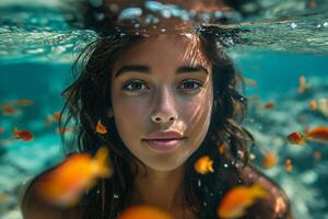 ai generato bellissimo donna con lungo nero capelli nuoto nel il rosso mare con colorato pesce e coralli foto