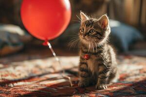 ai generato poco gattino nel il vivente camera con un' rosso Palloncino. regalo concetto foto