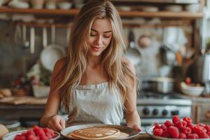 ai generato giovane donna cucinando Pancakes con fragole nel il cucina foto