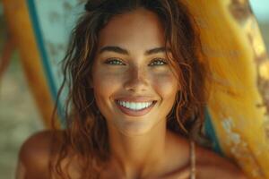 ai generato giovane donna a il spiaggia, radiante gioia come lei detiene un' tavola da surf, cattura il essenza di esotico bellezza foto