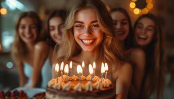 ai generato dolce celebrazione amici godendo cioccolato torta insieme foto