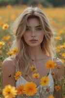 ai generato giovane caucasico donna Tenere giallo fiore mazzo foto