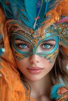 ai generato ritratto di contento sorridente donna nel luminosa carnevale veneziano maschera su bianca sfondo foto