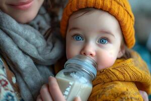 ai generato alimentazione un' bambino a partire dal un' bottiglia con latte foto