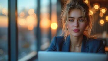 ai generato giovane donna nel blu completo da uomo con il computer portatile nel ufficio foto