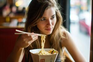 ai generato giovane donna mangiare Cinese tagliatelle a partire dal un' scatola foto