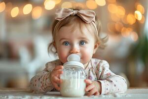 ai generato alimentazione un' bambino a partire dal un' bottiglia con latte foto