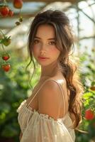 ai generato giovane donna con lungo capelli nel un' serra con fragole foto