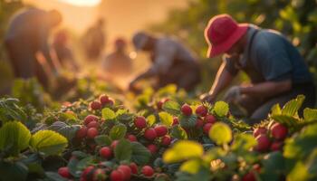 ai generato frutta raccolta nel estate persone su piantagione foto