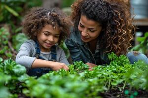 ai generato mamma e sua figlia siamo occupato con piantine. giardinaggio nel primavera foto