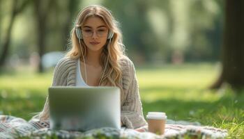 ai generato ritratto di un' femmina alunno nel occhiali, studiando nel un' primavera parco con un' il computer portatile e cuffia, seduta su un' coperta Il prossimo per un' caffè tazza foto