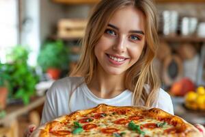 ai generato giovane bellissimo donna con Pizza foto