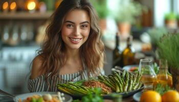 ai generato vegetariano diletto giovane donna godendo pasto a luminosa tavolo foto