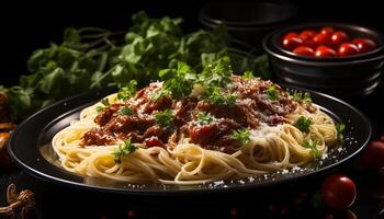 ai generato fresco fatti in casa pasta con pomodoro salsa, carne, e parmigiano formaggio generato di ai foto