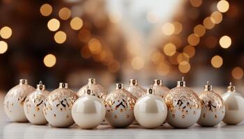 ai generato Natale ornamento decorazione su legna tavolo, raggiante oro sfera regalo generato di ai foto