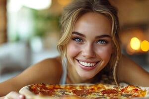 ai generato giovane bellissimo donna con Pizza foto