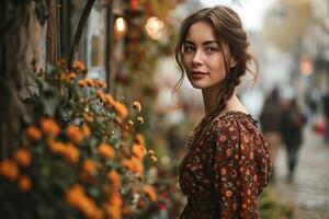 ai generato bellissimo giovane donna indossare vestito e a piedi su strada nel primavera foto