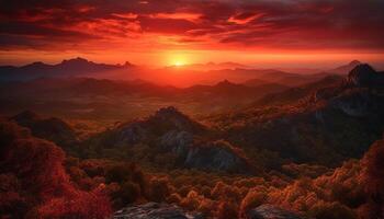 ai generato montagna picco a tramonto, natura bellezza nel un' tranquillo paesaggio generato di ai foto