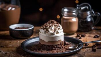 ai generato indulgente fatti in casa dolce buio cioccolato folletto buono con frustato crema generato di ai foto