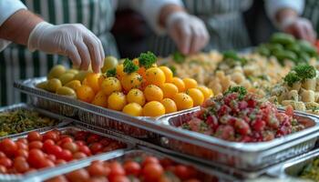 ai generato catering buffet diletto gruppo cenare su carne e fresco produrre foto