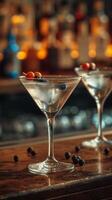 ai generato 2 bicchiere di Martini con ghiaccio su bar contatore, lunatico buio sfondo foto