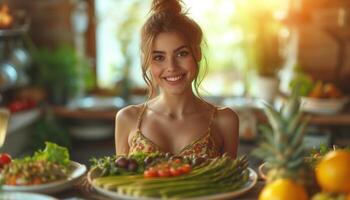 ai generato vegetariano diletto giovane donna godendo pasto a luminosa tavolo foto