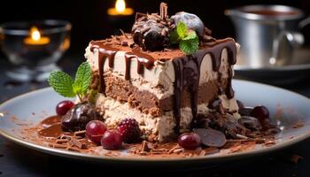 ai generato indulgente buongustaio dolce fatti in casa cioccolato torta con fresco lampone fetta generato di ai foto