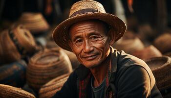 ai generato sorridente anziano uomini nel tradizionale vestiario, Lavorando nel rurale agricoltura generato di ai foto