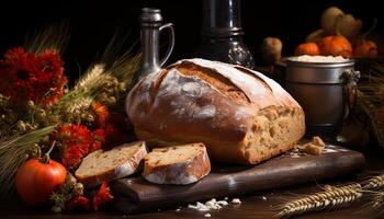 ai generato appena al forno Ciabatta su rustico di legno tavolo, un' buongustaio pasto generato di ai foto