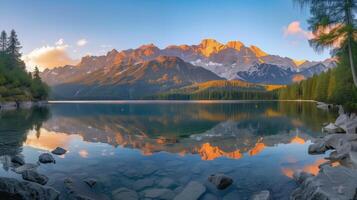 ai generato tranquillo Alba al di sopra di alpino lago con montagna riflessi. foto