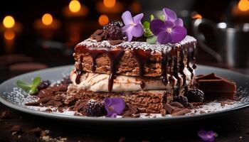 ai generato buongustaio cioccolato dolce su un' fresco piatto, fatti in casa e indulgente generato di ai foto