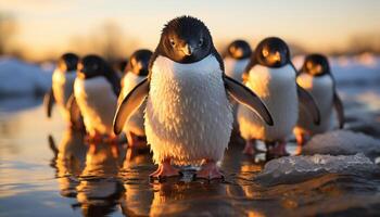 ai generato pinguini nel artico, in piedi su Ghiaccio, godendo tranquillo inverno tramonto generato di ai foto