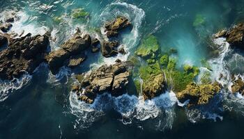 ai generato tranquillo paesaggio marino, rottura onde, roccioso costa, natura bellezza nel movimento generato di ai foto