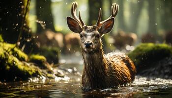 ai generato un' bellissimo cervo nel il foresta, guardare a il telecamera generato di ai foto