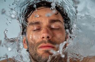 ai generato uomo con acqua spruzzo vicino su foto