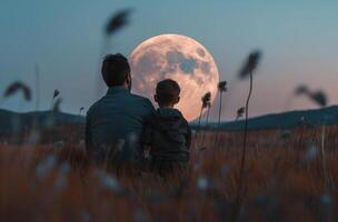 ai generato uomo e ragazzo Guardando Alba lunare foto