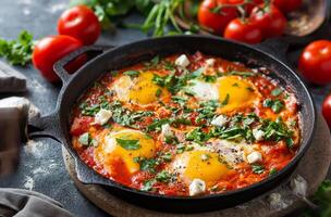 ai generato shakshuka con erbe aromatiche e feta foto